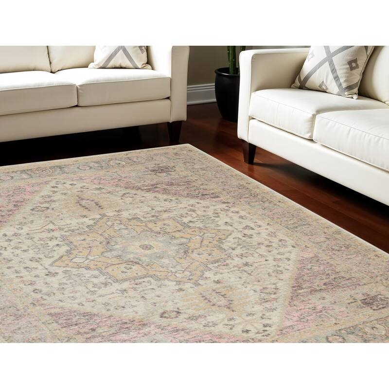 HomeRootsFloral Medallion Transitional Rectangle Area Rug - 108' X '72' X '0.5 - 108' X '72' X '0.5 - Pink/Ivory/Gray