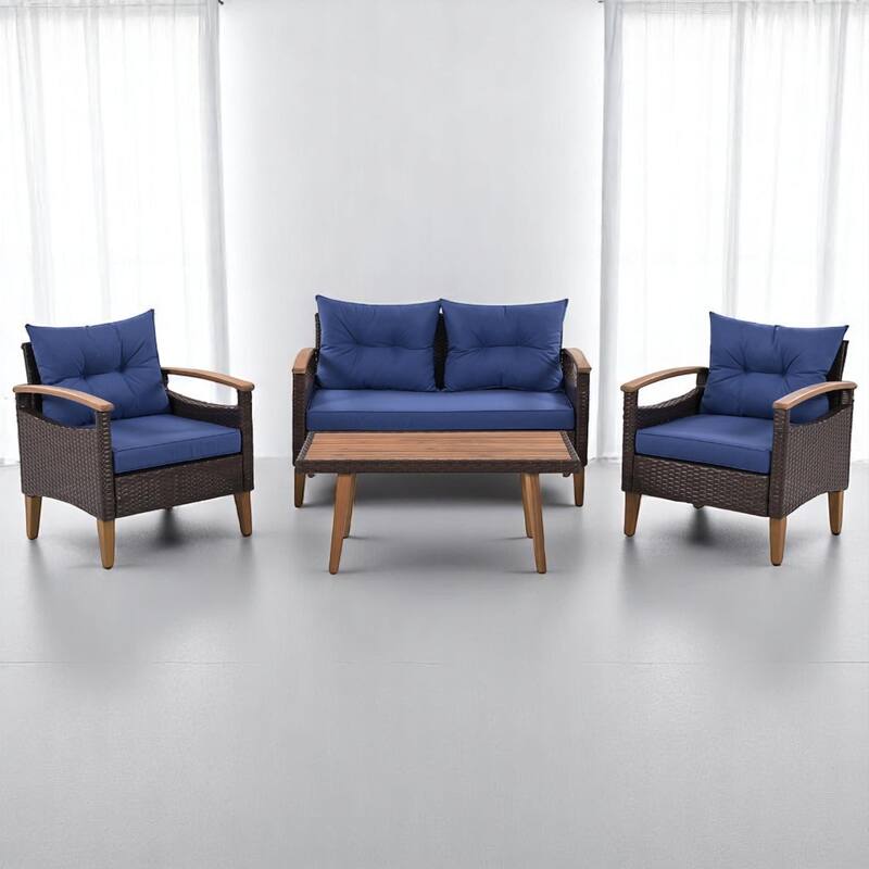 4-Piece Outdoor Wicker Sofa Set with Armrests, Coffee Table, Cushions, Pillows, and Protective Cover,outdoor Patio Furniture set