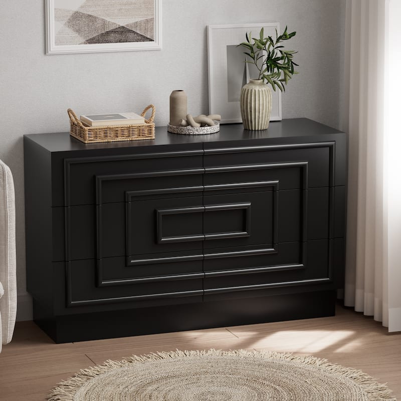 COZAYH Sculptural Mid-Century Modern Dresser & Nightstand with Geometric Square Pattern, Contemporary Chest and Bedside Table - Black - 6-drawer