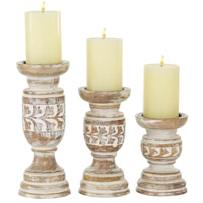 Wood Handmade Candle Holder with Carved Designs - Set of 3 Beige - Roche River Decor - 4"W x 4"L x 10"H