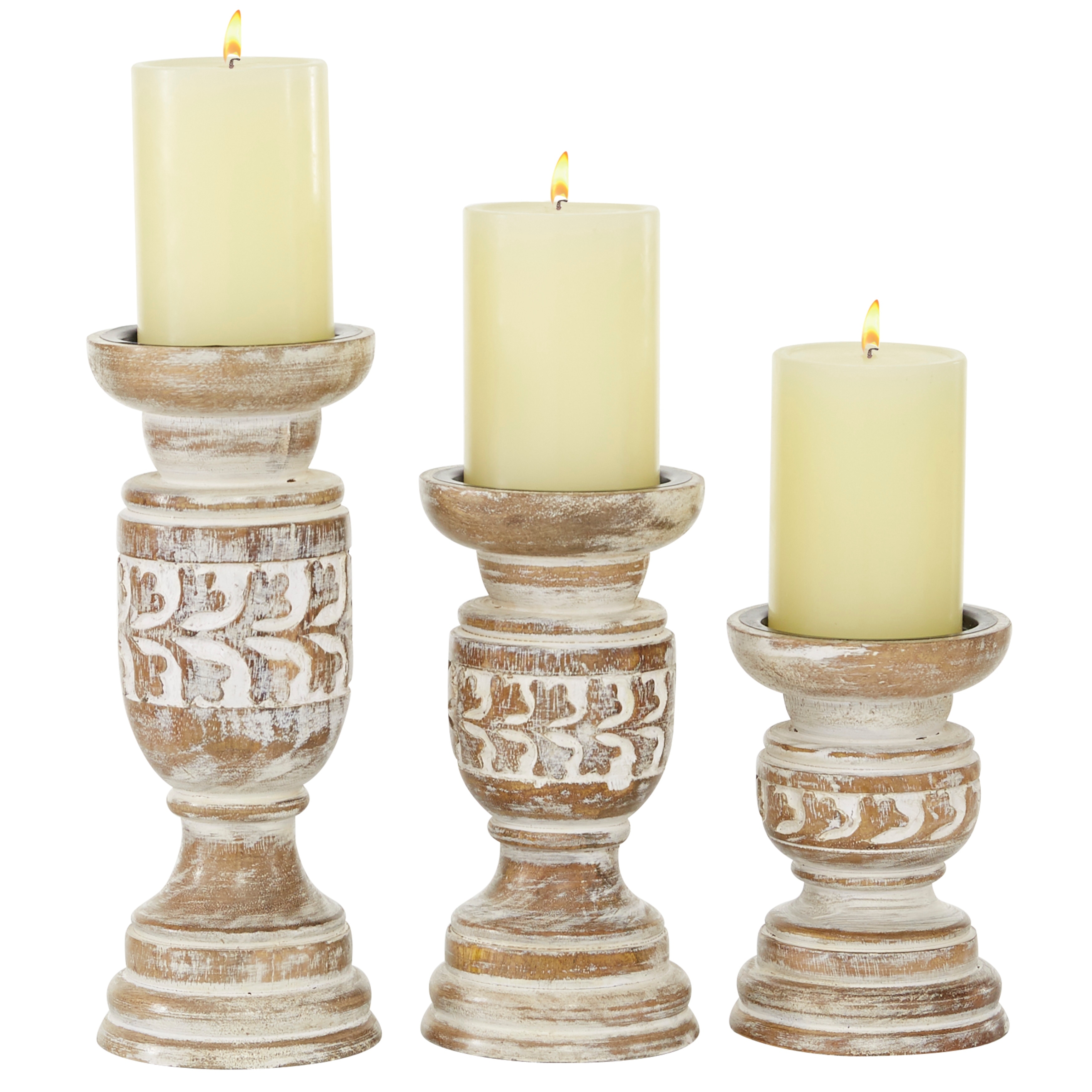 Roche River Decor - Mango Wood Floral Handmade Whitewashed Turned Candle Holder - Set of 3 Brown - 4"W x 4"L x 10"H