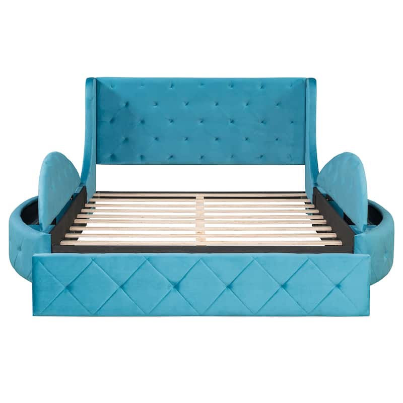 Queen Size Platform Bed with Drawer and 2 Side Storage Stool Velvet Upholstered Bed