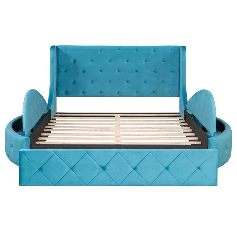 Roomfitters Queen Size Upholstered Platform Bed with Storage Drawer and Velvet Wingback Headboard