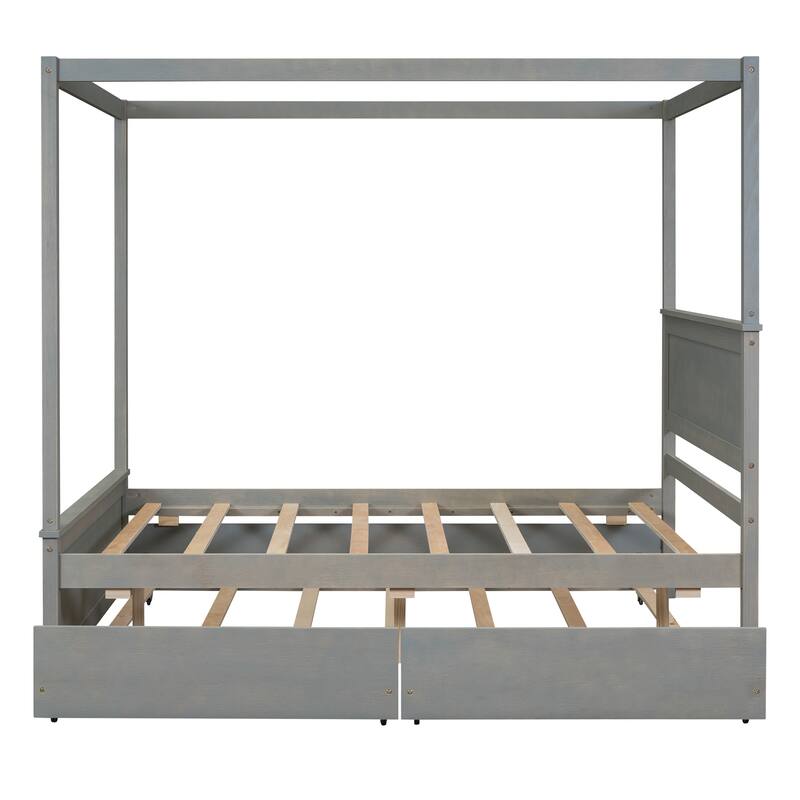 Wood Canopy Bed with Trundle Bed and two Drawers, Canopy Platform bed With Support Slats .No Box Spring Needed