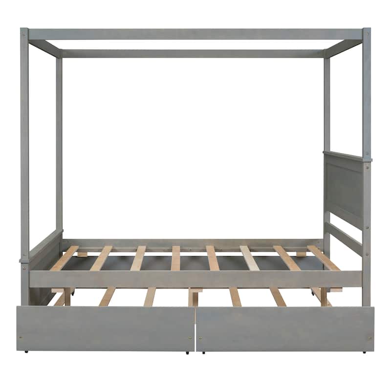 Wood Canopy Bed with Trundle Bed and two Drawers