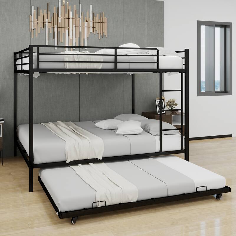 Queen Size Metal Bunk Bed with Safety Rails, Trundle, and Easy Assembly