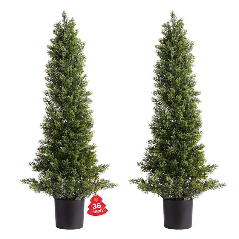 Set of 2 Artificial Topiary Cedar Trees Faux Greenery with Iron & PE Trunks, Weather-Resistant Decorative Plants - 36"