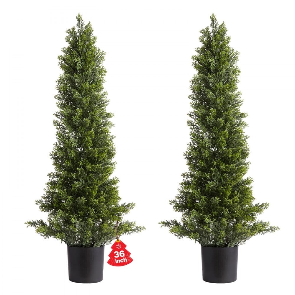Set of 2 Artificial Topiary Cedar Trees Faux Greenery with Iron & PE Trunks, Weather-Resistant Decorative Plants