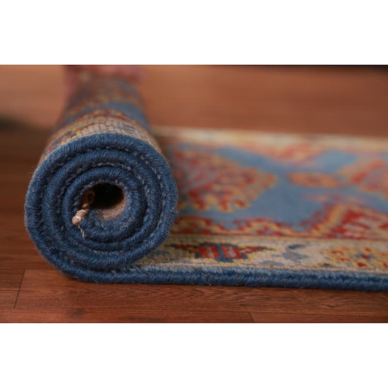 Hand Knotted Oriental 100% Wool Carpet Traditional Geometric Navy Blue & Blues Viss Runner Rug - 10' 0'' X 2' 6''