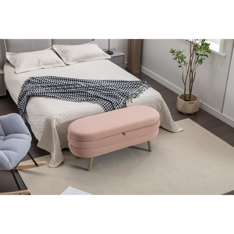 Velvet Fabric Storage Bench With Wood Legs For Living Room Bedroom