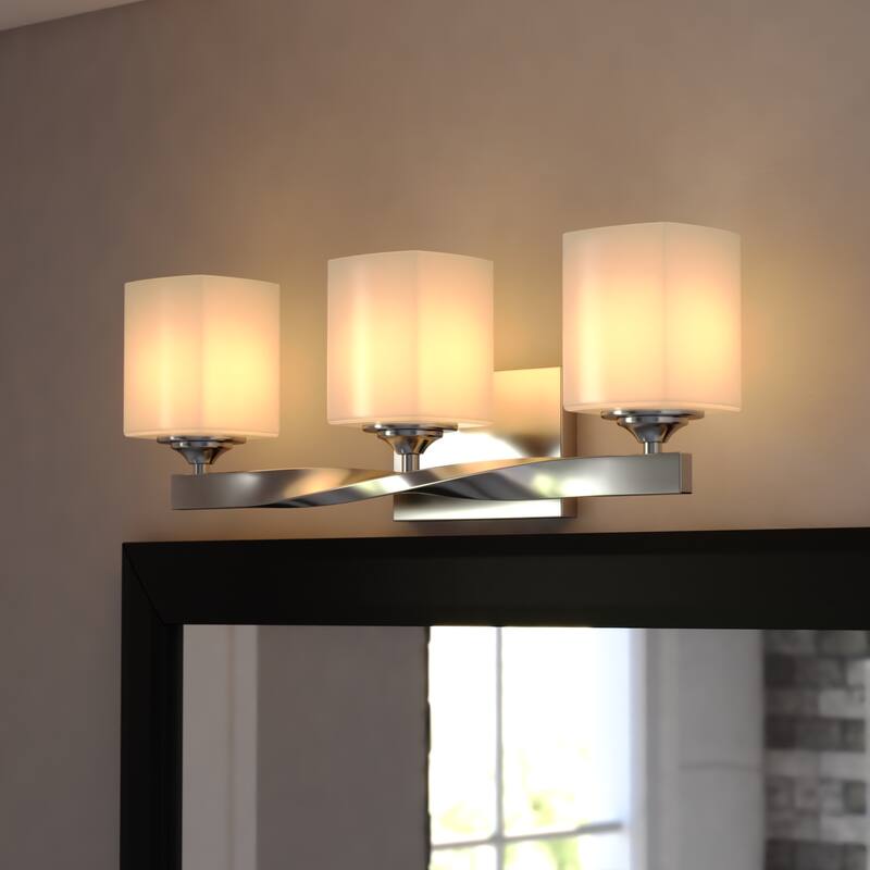 Robey 3-Light 23 in. W Polished Nickel Bathroom Vanity Lighting Fixture, Frosted White Glass, Dimmable LED Compatible Reversible - 23-in W x 8.5-in H x 5.5-in D - Polished Nickel