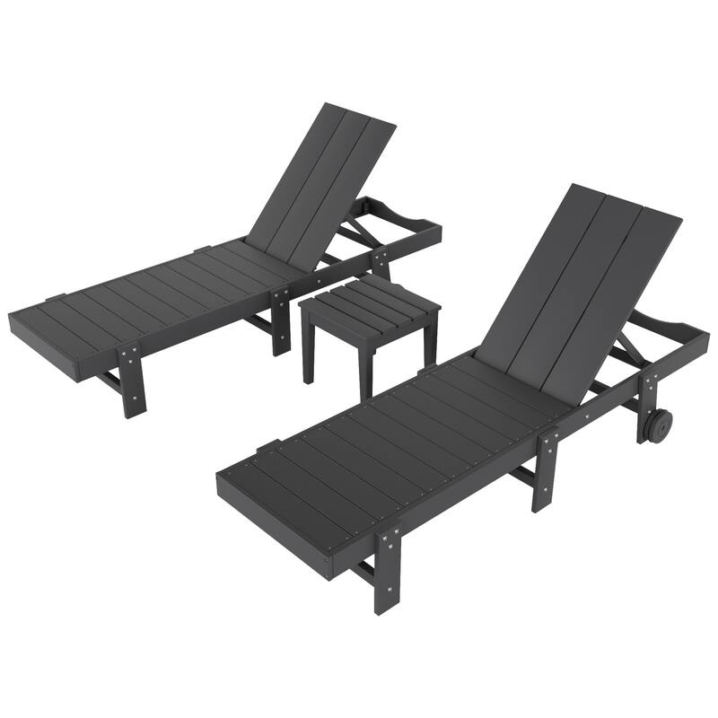 Polytrends Shoreside Modern Poly Eco-Friendly All Weather Reclining Pool Chaise Lounge With Wheels and Side Table (3-Piece Set)
