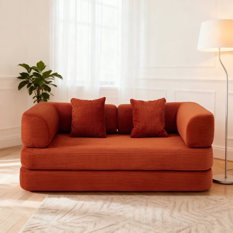 5-in-1 Modular Corduroy Floor Sleeper Sofa Bed Convertible Folding Compressed Couch with Movable Armrests for Living Room - Red