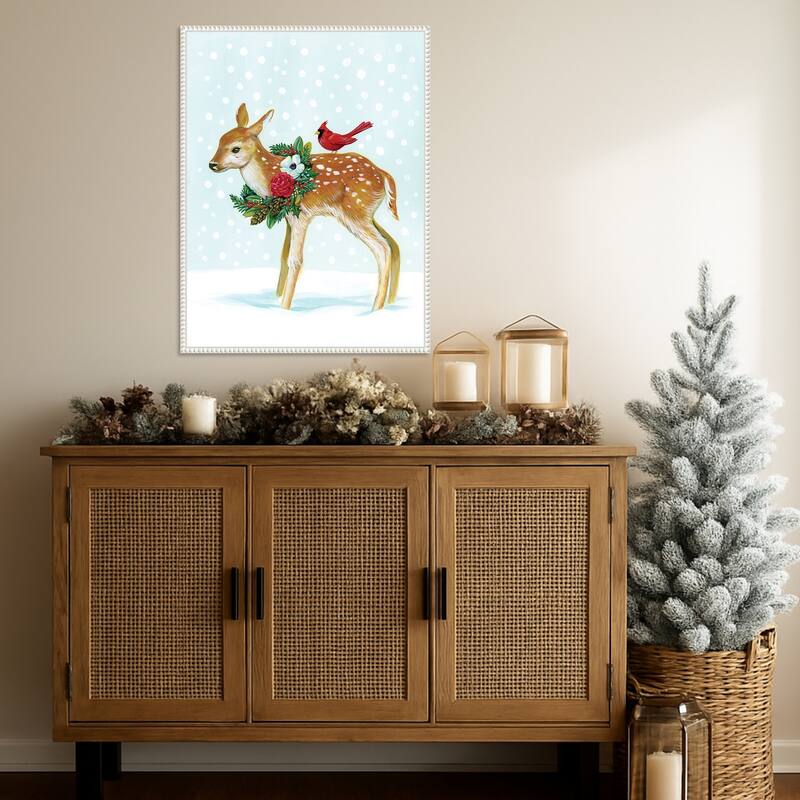 Winter Woodland Creatures with Cardinals II by Laura Marr (23 x 30 in.), Framed Canvas Wall Art Print - Sylvie Beaded White