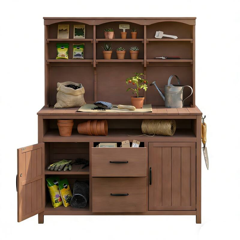 Roomfitters Outdoor Garden Potting Bench with Storage Hutch, Potting Table with Drawers and Cabinets, Shelves