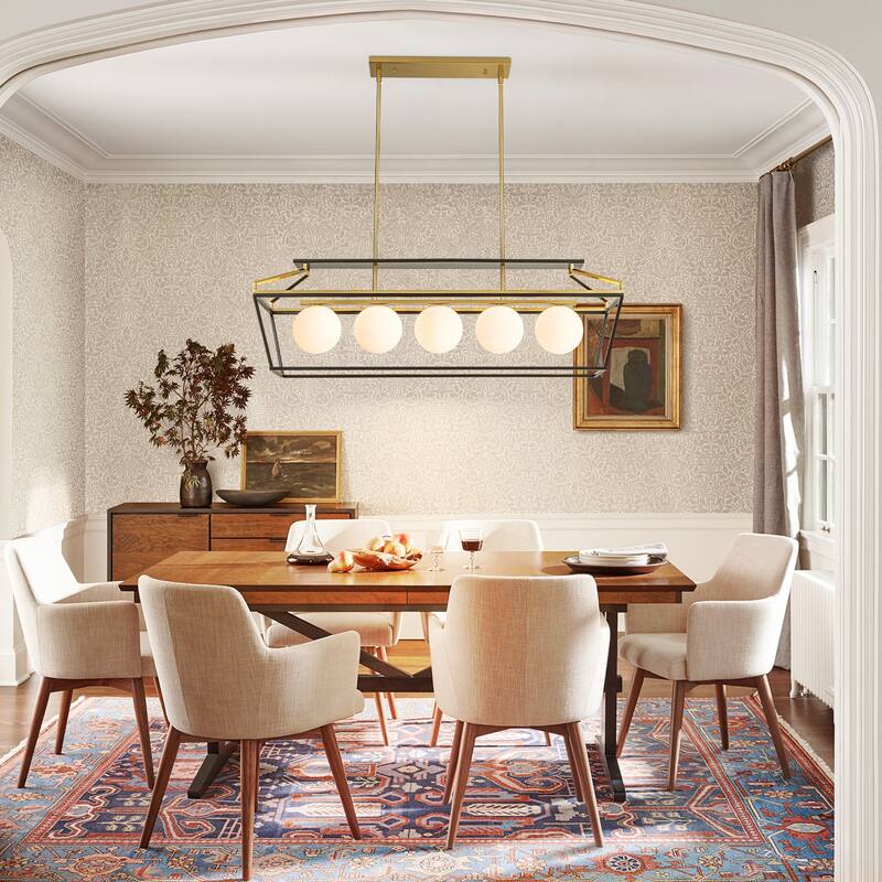 5-Light Modern Linear Chandelier in Matte Black and Brass Finish with Milky White Glass Globes for Dining Room or Kitchen Island