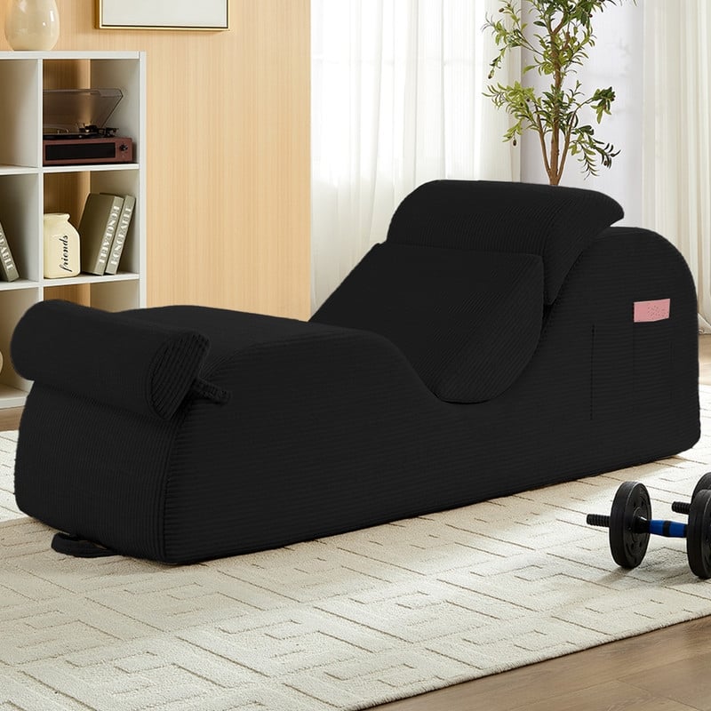 Mixoy Corduroy Yoga Chaise Lounge Chair,Curved Yoga Sofa with Movable Headrest/Waist Cushion/Footrest,Non-Slip Bottom - BLACK