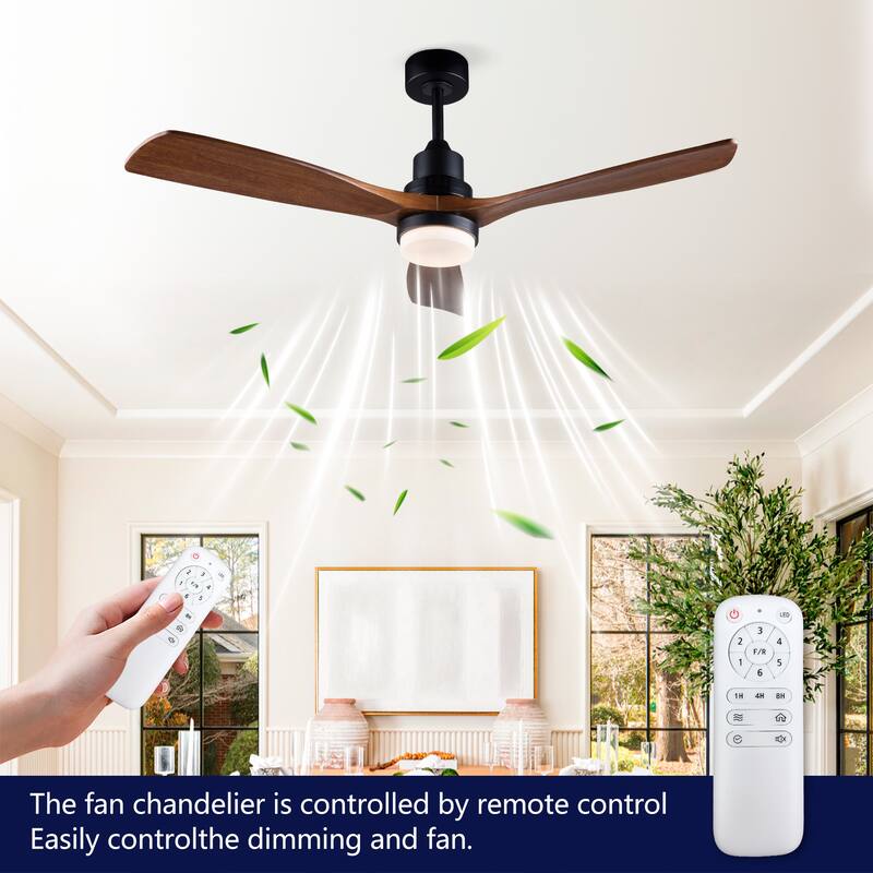 52 Inch Indoor Ceiling Fan With Dimmable LED Light 3 Solid Wood Blades Remote Control Reversible DC Motor