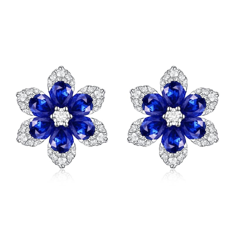 Joelle Collection Flower Stud Earrings Sapphire & Diamond 14K White Gold - Blue - Sapphire - White