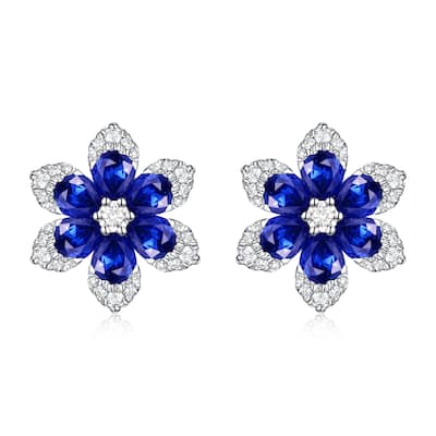 Joelle Collection Flower Stud Earrings Sapphire & Diamond 14K White Gold