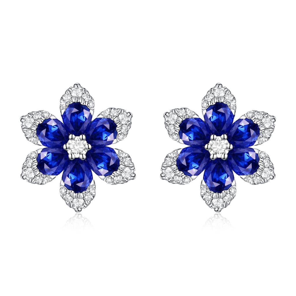 Joelle Collection Flower Stud Earrings Sapphire & Diamond 14K White Gold