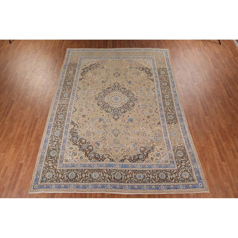 Traditional Mashad Vintage Persian Area Rug Hand-Knotted Wool Carpet - 9'5" x 13'2"