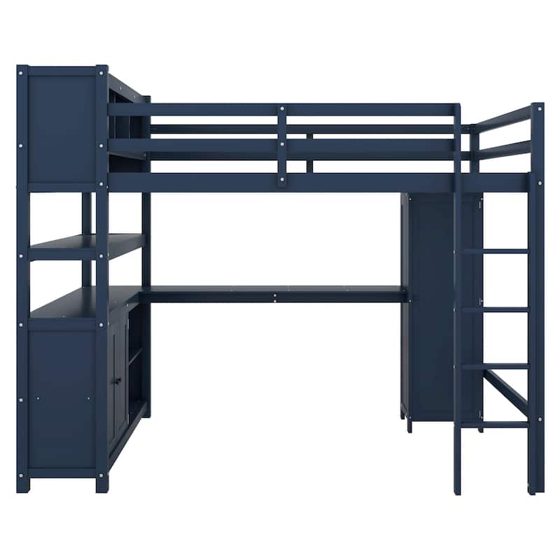 Full Size Pine Wood Loft Bed with Cabinet, Bookshelf, Wardrobe, and Desk