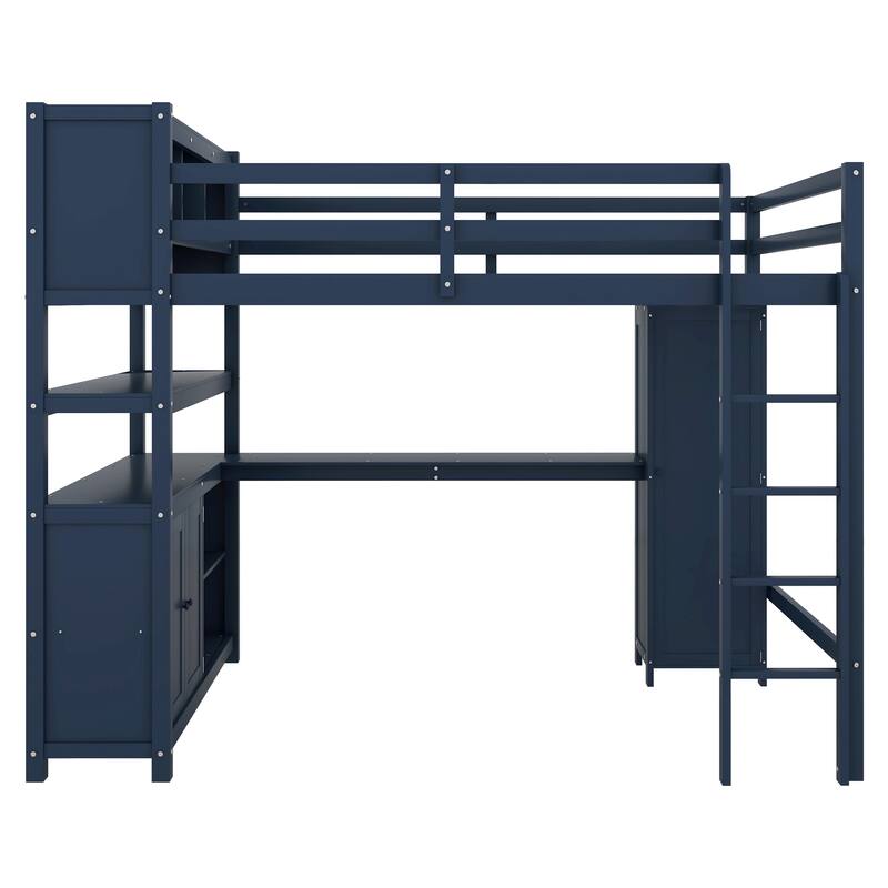 Wood Loft Bed with Cabinet and Bookshelf, Full Size Loft with Wardrobe and Desk for Kids