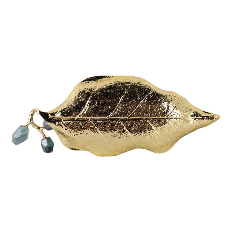 Metal Leaf Sculpture with Gemstone Detail Modern Accent - 14" Gold - 13.5" x 5.25" x 1.5"