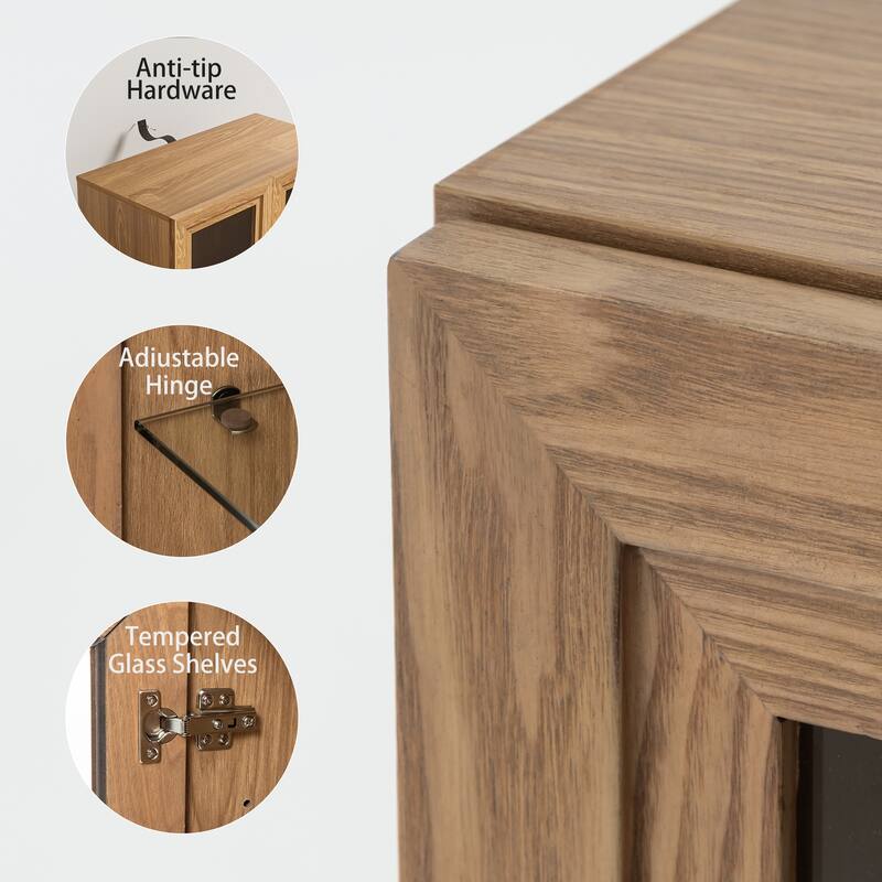 Wood Bookshelf Storage Cabinet with 2 Glass Door and Adjustable Shelf for Kitchen Bedroom Entryway Living Room Dinning Room