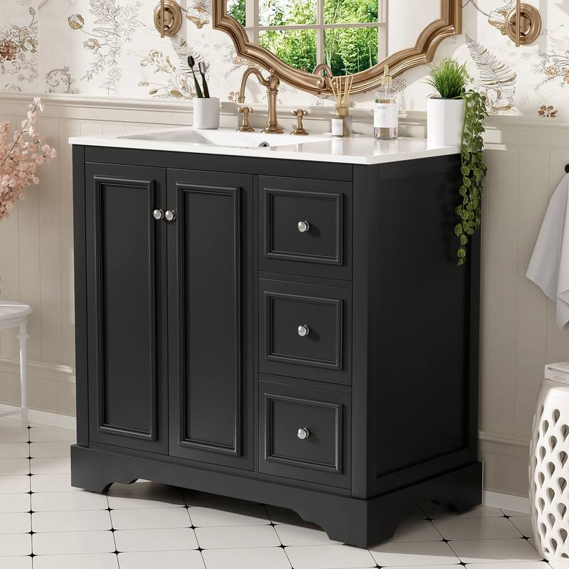 36" Transitional Bathroom Vanity with Ceramic Sink - 2 Soft-Close Doors, 3 Drawers (1 Divided), U-Shaped Shelf, Painted Finish