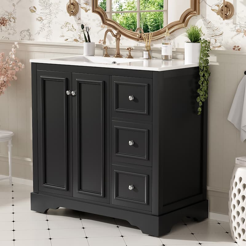 Roomfitters 36" Transitional Bathroom Vanity with Ceramic Sink, 2 Soft-Close Doors, Adjustable Shelf and 3 Drawers