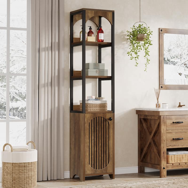 6-Tier Narrow Bookcase with Louvered Door Cabinet for Small Space