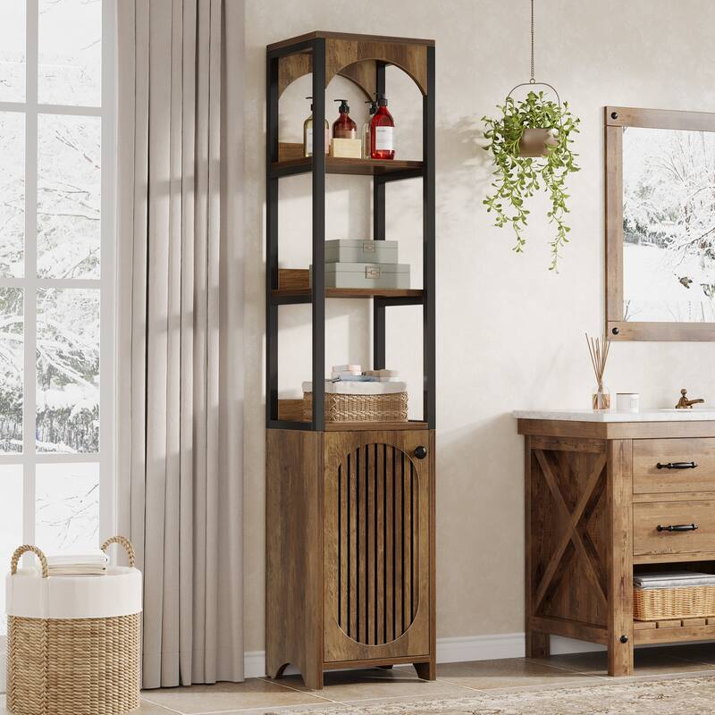 70.87" Tall Narrow Bookshelf with Louvered Door Cabinet, Industrial Corner Shelf for Living Room