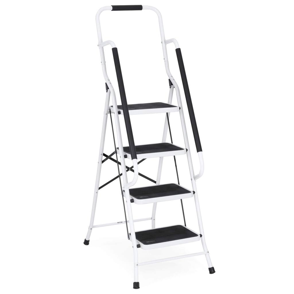 4 Step Folding Ladder with Hand Grip Non-Slip Safety Rails