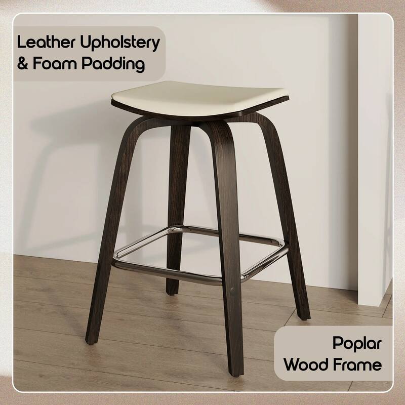 Pelya Leather Swivel Square Counter Stool with Wood Legs and Chrome Footrest for Kitchen Island or Dining Area Set of 2