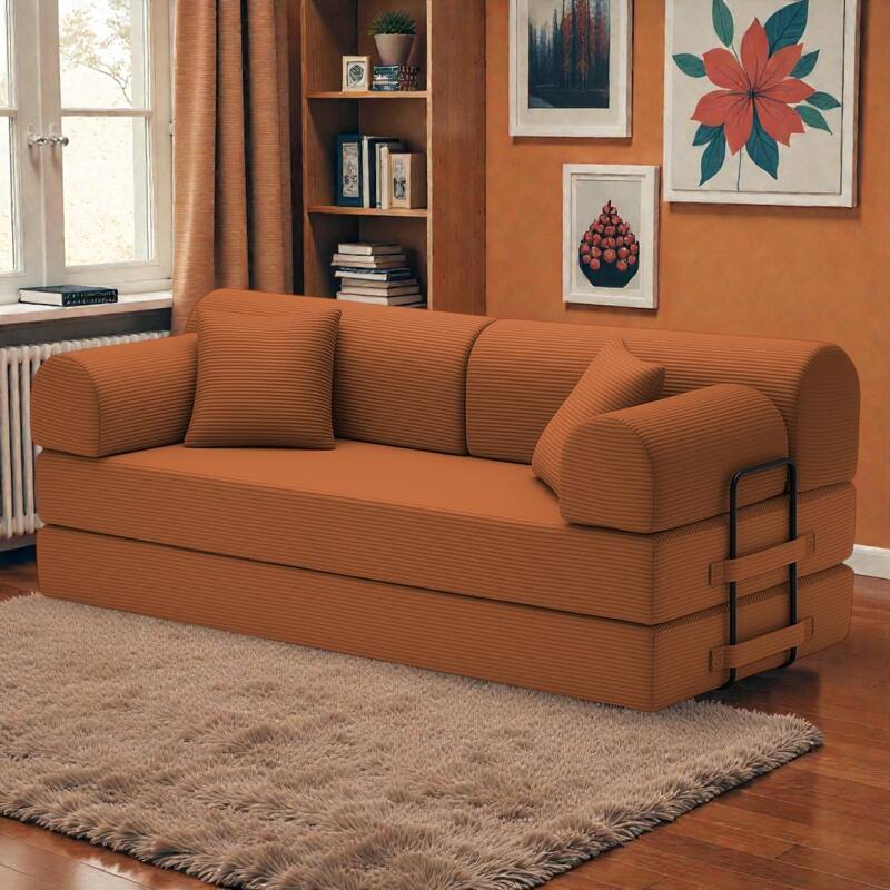 Convertible Sleeper Sofa Bed, 4-in-1 Corduroy Folding Floor Couch with Cylindrical Pillow, 2-Seat Space-Saving Lounge Sofa - Orange