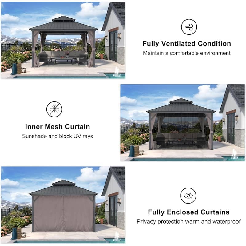 PURPLE LEAF Outdoor Galvanized Steel Hardtop Gazebo, Aluminum Frame Gazebo With Curtains