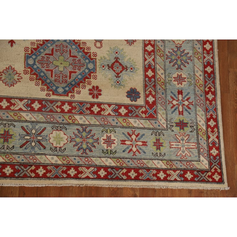 Hand Knotted Oriental 100% Wool Carpet Traditional Geometric Beige & Ivories Kazak Area Rug - 11' 11'' X 8' 10''