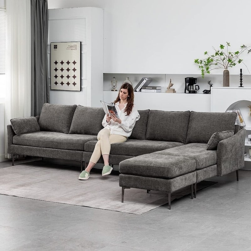 Modern Chenille Sectional Sofa with Reversible Chaise and Ottoman, Perfect for Living Rooms with Sleeper Function
