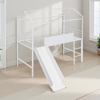 Twin Size Metal House Loft Bed with Slide and Two-Sided Writable Board ...