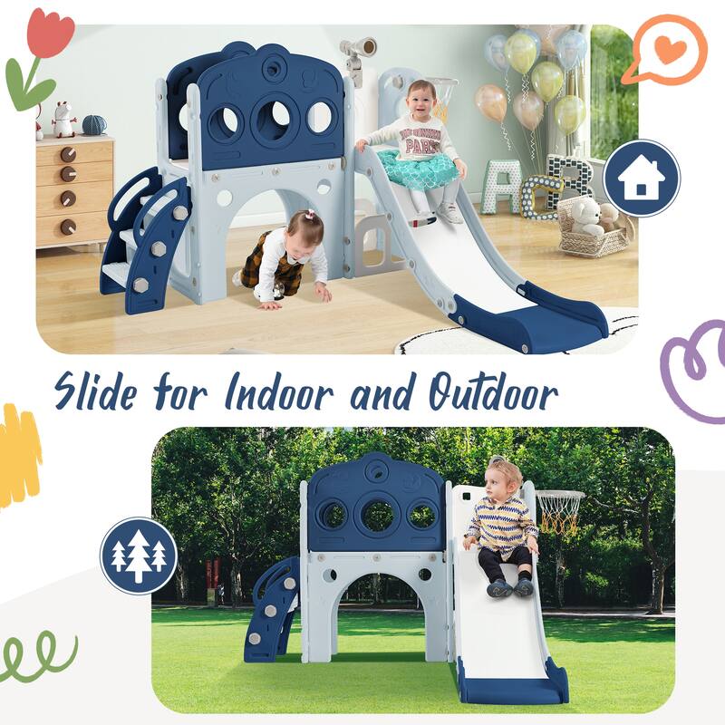 Freestanding Spaceship Set with Slide, Arch Tunnel and Basketball Hoop, Toy Storage Organizer for Toddlers, Kids Climbers