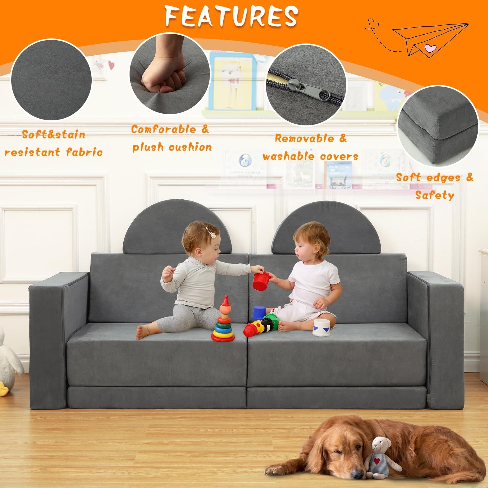 8 Pcs Kids Couch Child Sectional Sofa Grey