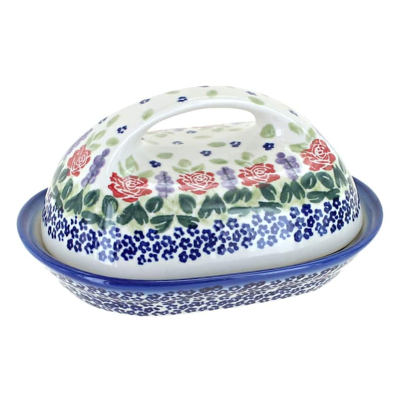 Blue Rose Polish Pottery 15A WR Unikat Butter Dish - Roses are Red