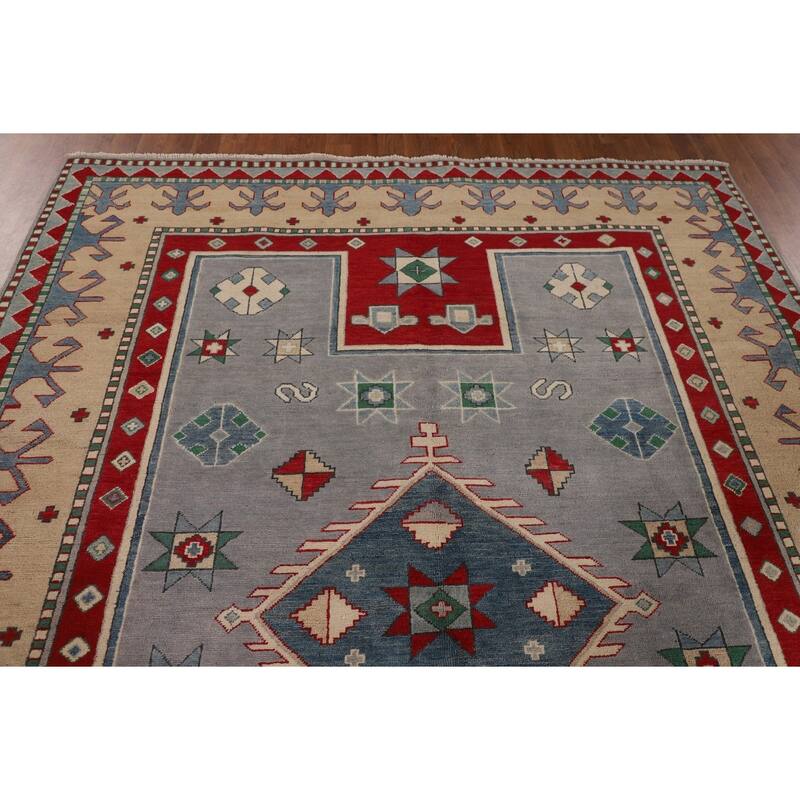 Gray Kazak Oriental Area Rug Dining Room Hand-Knotted Wool Carpet - 6'11" x 9'3"