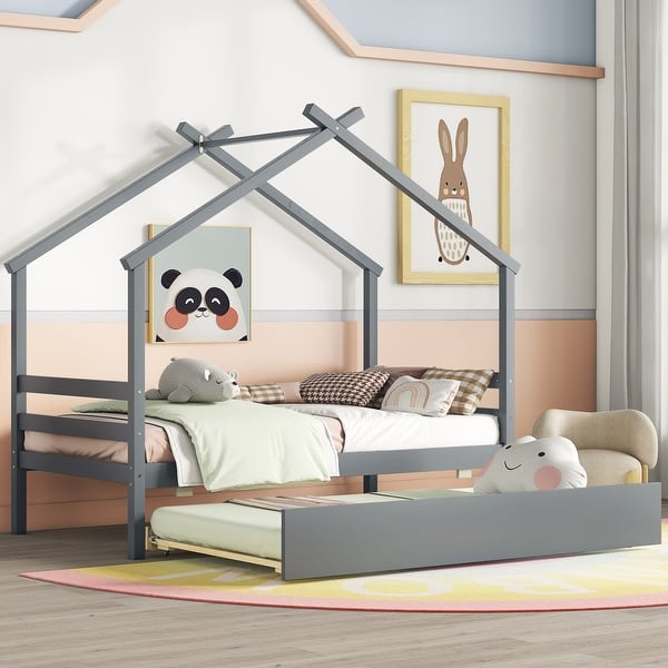 slide 2 of 12, Grey Twin Size Pine Wood House-shaped Bed with Trundle and Roof for Kids, Boys and Girls Grey