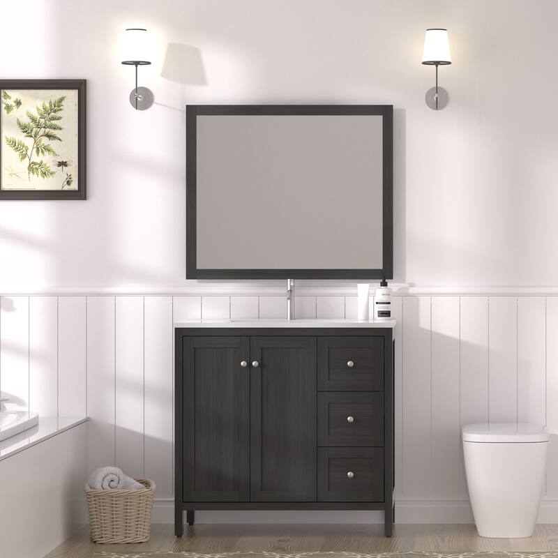 35.5" Bathroom Vanity , Modern Bathroom Cabinet with Basin, Bathroom Storage Cabinet with Soft Closing Doors and 3 Drawers - Black