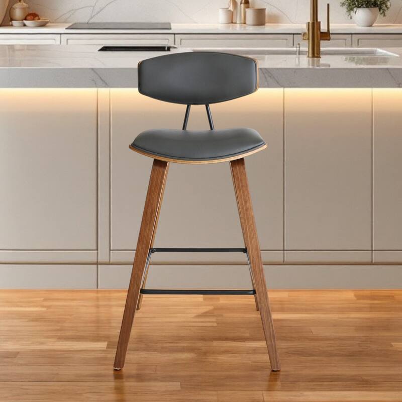 Iron Low Back Fabric Counter Bar Stool with Footrest and Wood Finish - 19” x 16” x 36” (D x W x H)