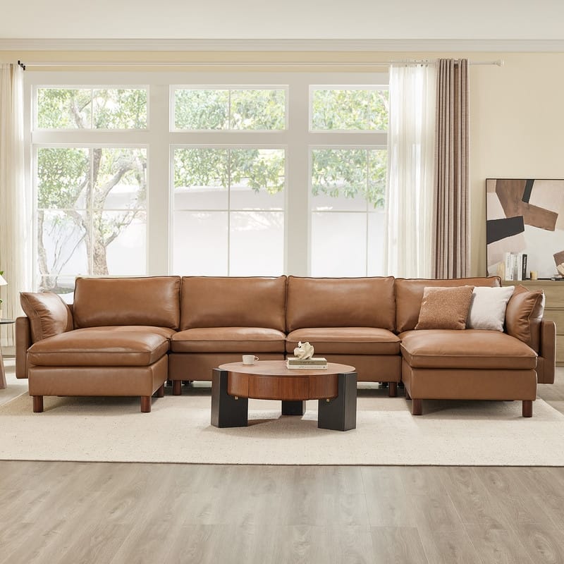 Spruce & Spring Modular Cloud Couch Sofa with Wood Legs for Living Room - Brown-Leather-6PC