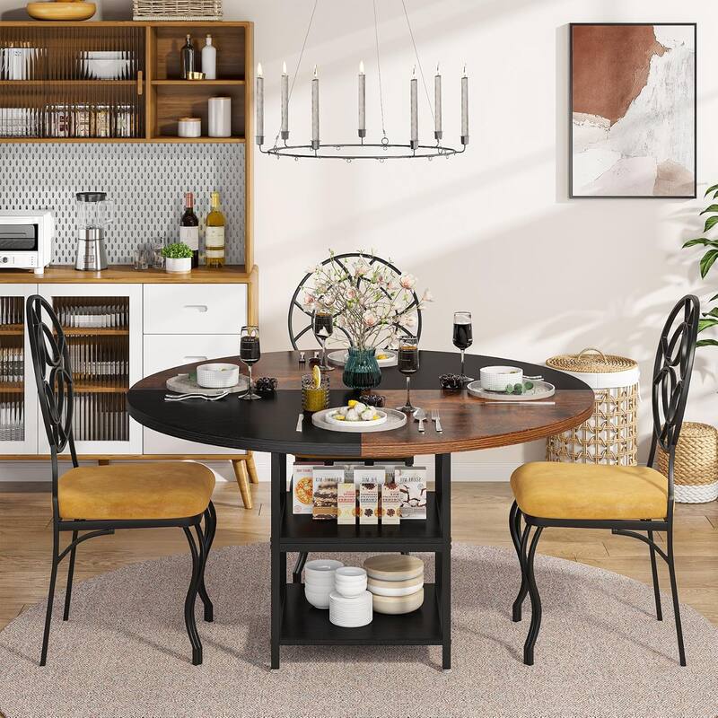 47-Inch Round Wood Dining Table for 4 With Storage Shelf Large Kitchen Table for Home Dining/Living Room
